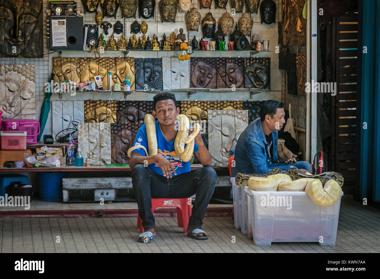 Thai holding serpent, le marché flottant de Damnoen Saduk, Thaïlande. Banque D'Images