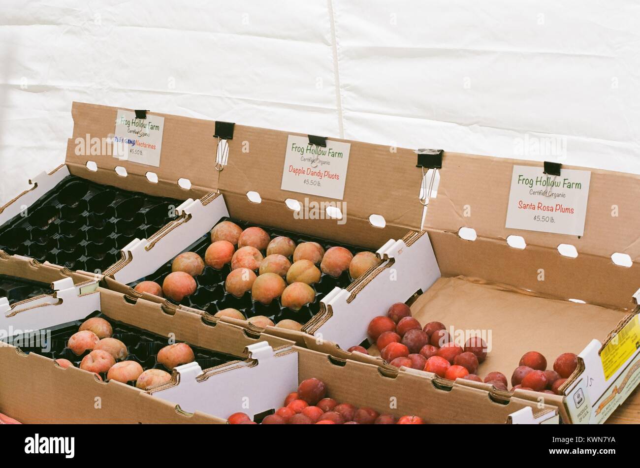 Produire, y compris les prunes, est en vente au brouillard de fermes sont au Danville Farmer's Market, un marché de producteurs certifiés en Californie dans la baie de San Francisco ville de Danville, en Californie, Juillet, 2017. Banque D'Images