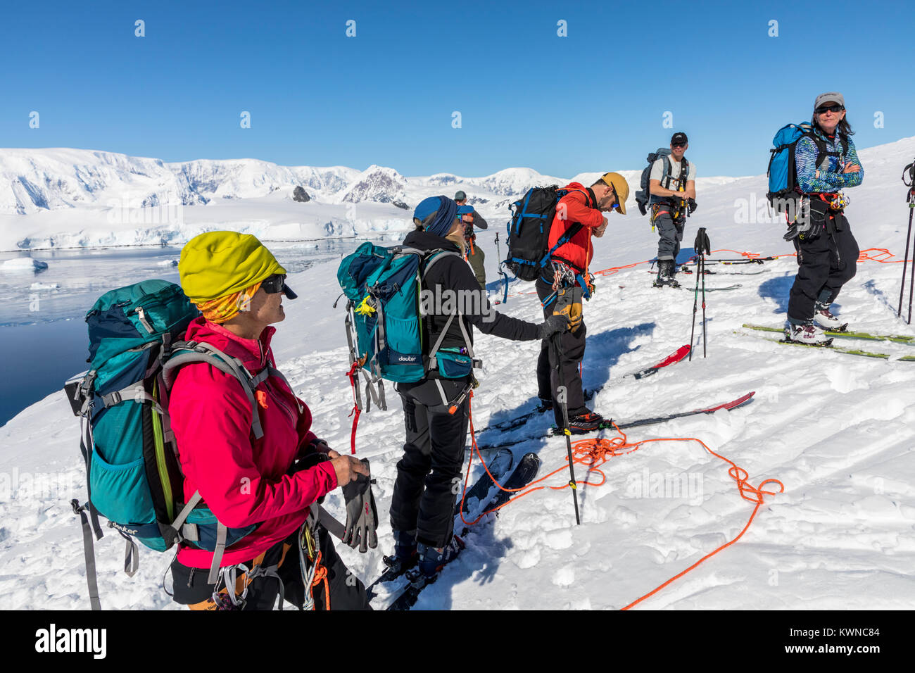 Les alpinistes encordés Ski ensemble pour la sécurité de l'utilisation des peaux synthétiques crevasses sur des skis à monter en amont, l'Île Nansen l'Antarctique ; Banque D'Images