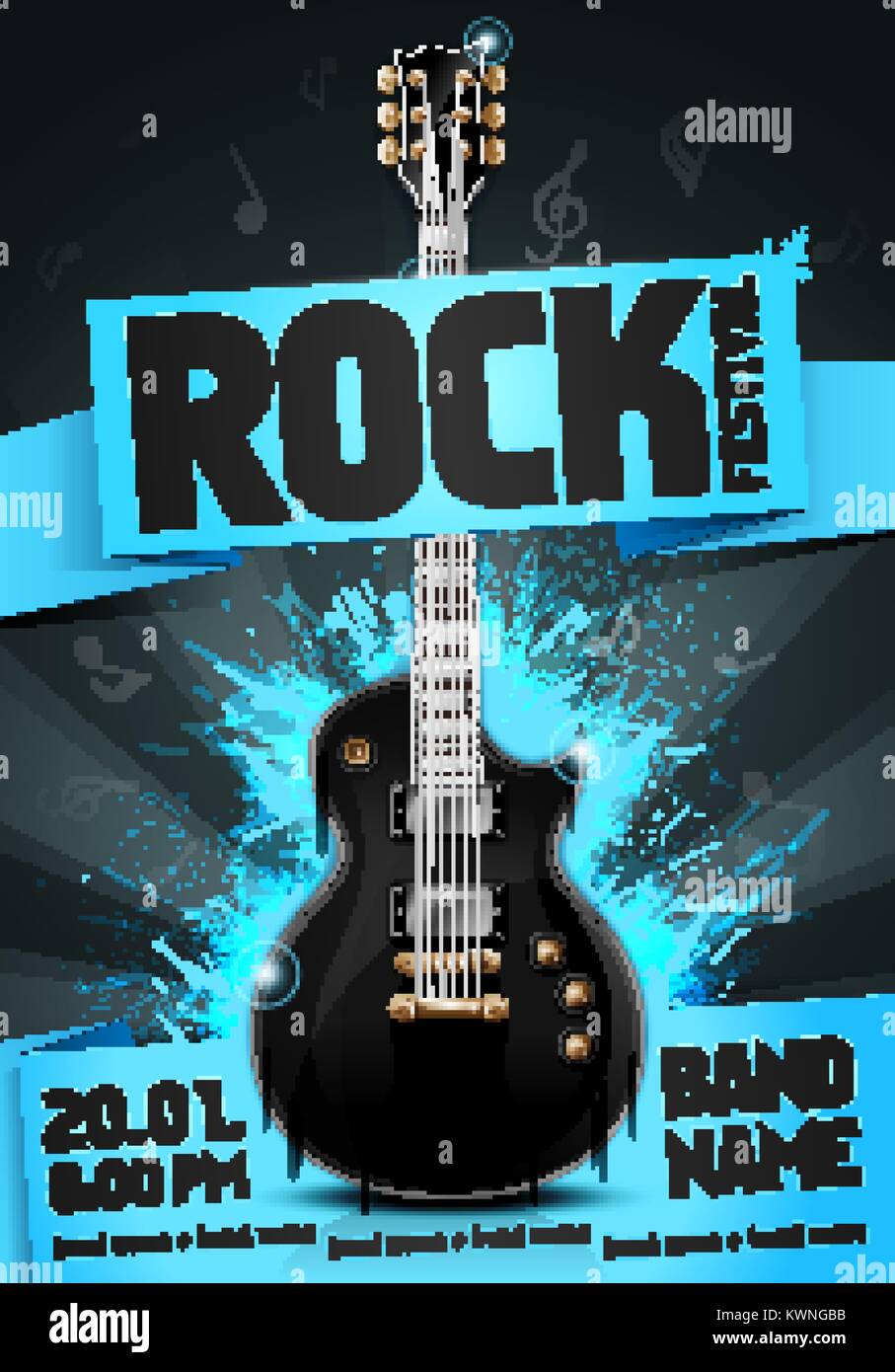 Vector illustration blue rock festival party flyer design template avec guitare, origami banner et cool effets splash dans l'arrière-plan Illustration de Vecteur