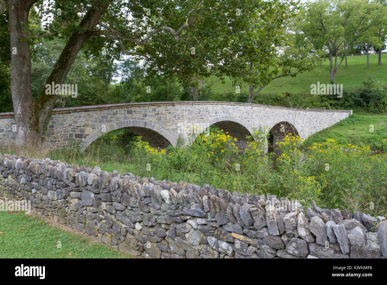 Burnside Bridge vu de la rive est d'Antietam Creek (Union européenne), champ de bataille National d'Antietam, Maryland, United States. Banque D'Images