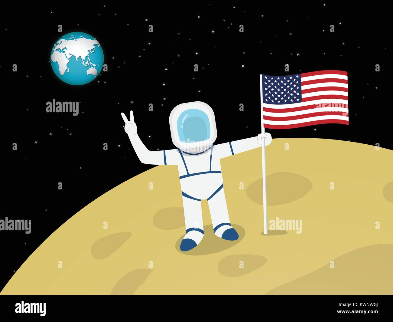 Heureux astronaute sur la surface de la lune avec nous d'un drapeau, vector design Illustration de Vecteur
