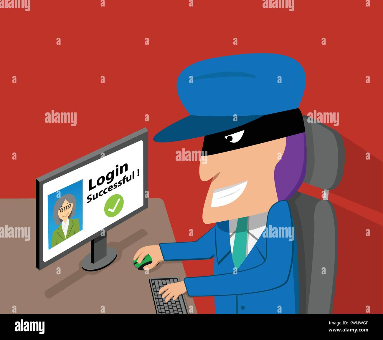 Senior woman a été piraté compte par hacker, vector cartoon design Illustration de Vecteur