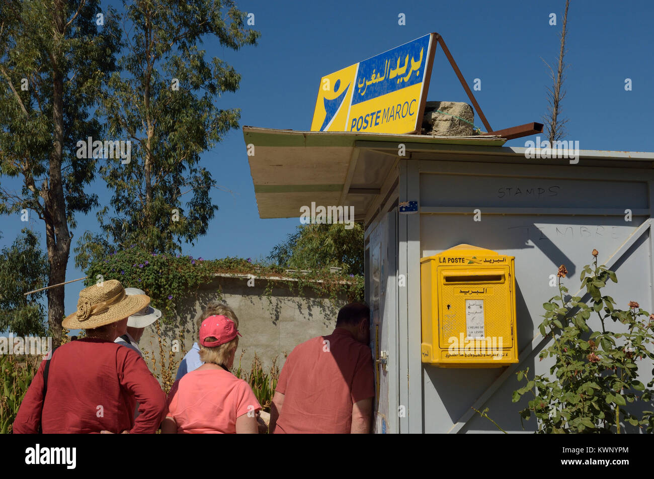 Les touristes font la queue pour timbres carte postale Maroc, Afrique du Nord Banque D'Images