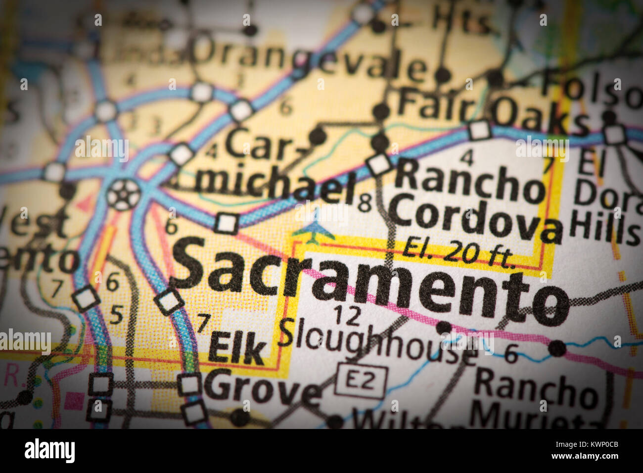 Libre de Sacramento, en Californie, sur une carte routière des États-Unis. Banque D'Images