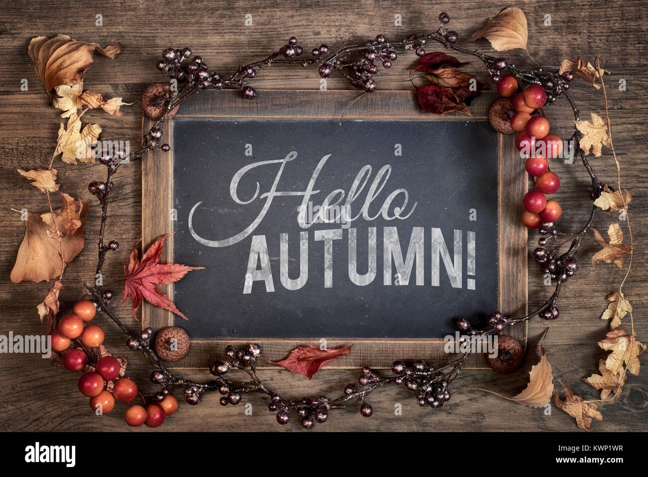 Tableau noir avec texte 'Bonjour' de l'automne avec l'automne décorations sur bois. Vue d'en haut, l'image. Banque D'Images
