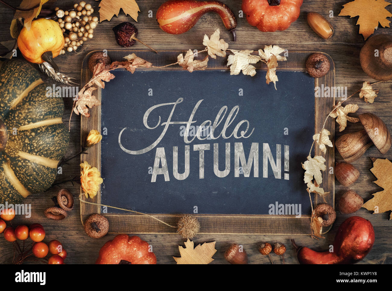 Tableau noir avec texte 'Bonjour' de l'automne avec l'automne décorations sur bois. Vue d'en haut, l'image. Banque D'Images