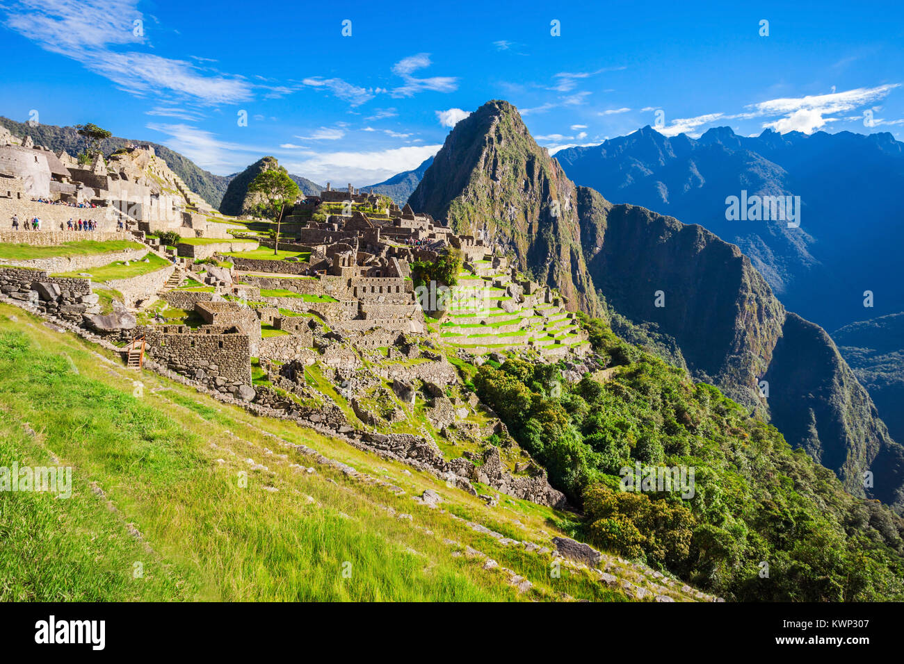 Vue de la cité inca perdue de Machu Picchu près de Cusco, Pérou. Banque D'Images