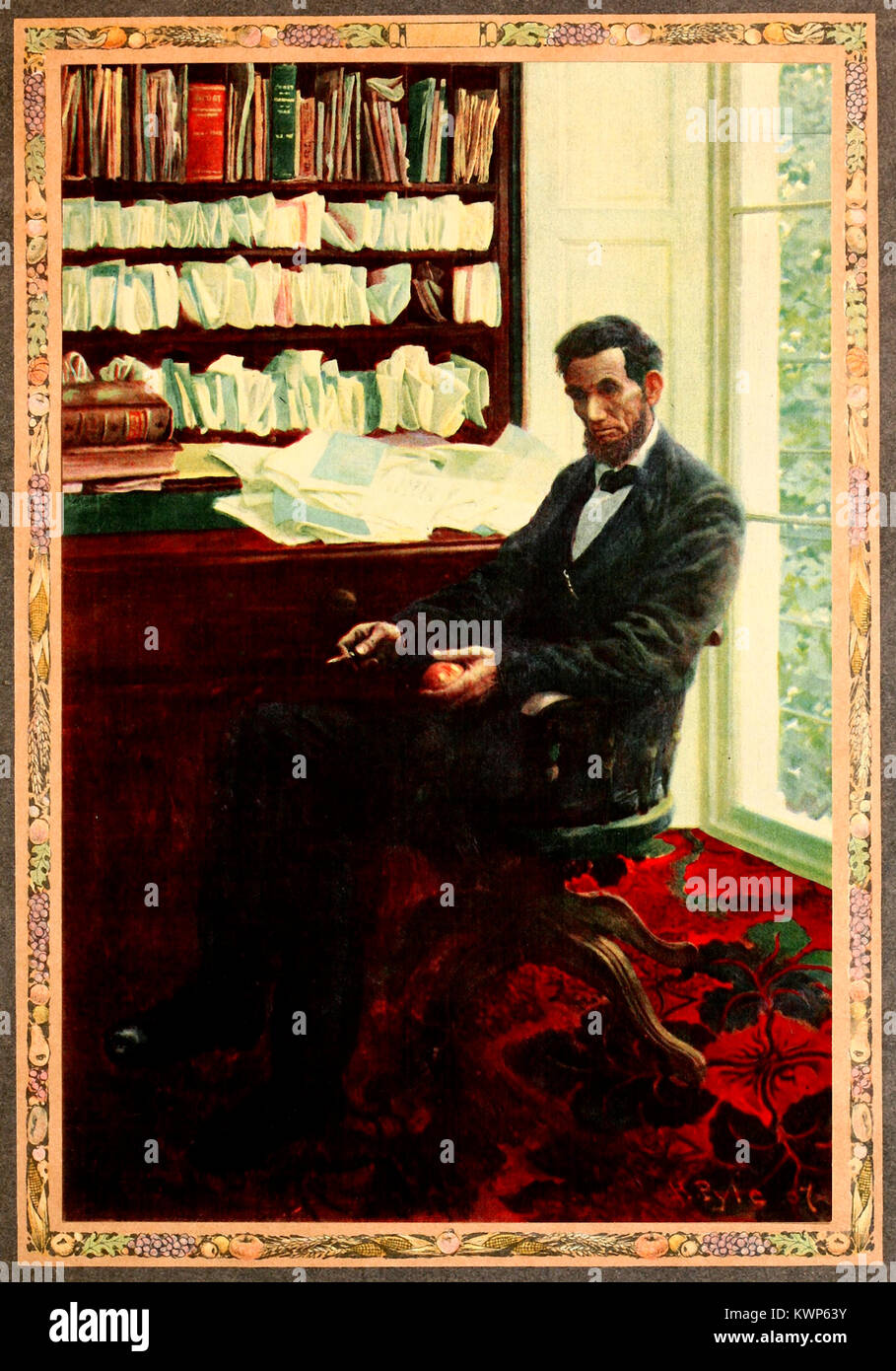 Le président Abraham Lincoln assis, s'apprête à éplucher une pomme Banque D'Images