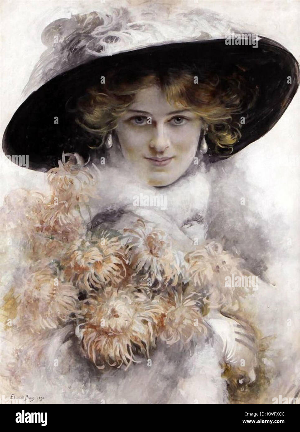 Le portrait d’Édouard Bisson représente une femme portant un chapeau noir, illustrant l’élégance et la mode de la fin du XIXe siècle. L’œuvre met en lumière l’approche raffinée de Bisson en matière de portraits et l’attention portée au style social. Banque D'Images