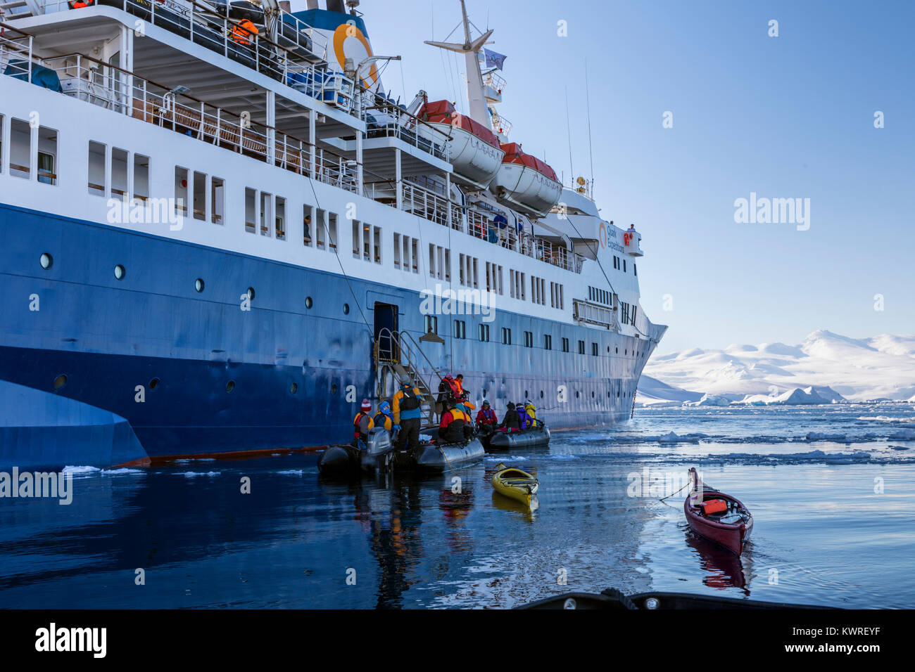 Les guides en remorquage Zodiacs kayaks vides utilisés pour explorer l'Antarctique couvertes de neige retour à l'océan ; l'aventurier ; navires de croisière Île Nansen Banque D'Images
