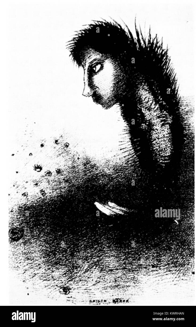 Cette lithographie d’Odilon Redon, exécutée vers 1897-98, a été créée pour une édition du poème de Stéphane Mallarmé « un coup de dés jamais n’abolira le hasard ». Il utilise des formes abstraites et des tons contrastés pour explorer les thèmes du hasard, du destin et de l'inconscient humain. Banque D'Images