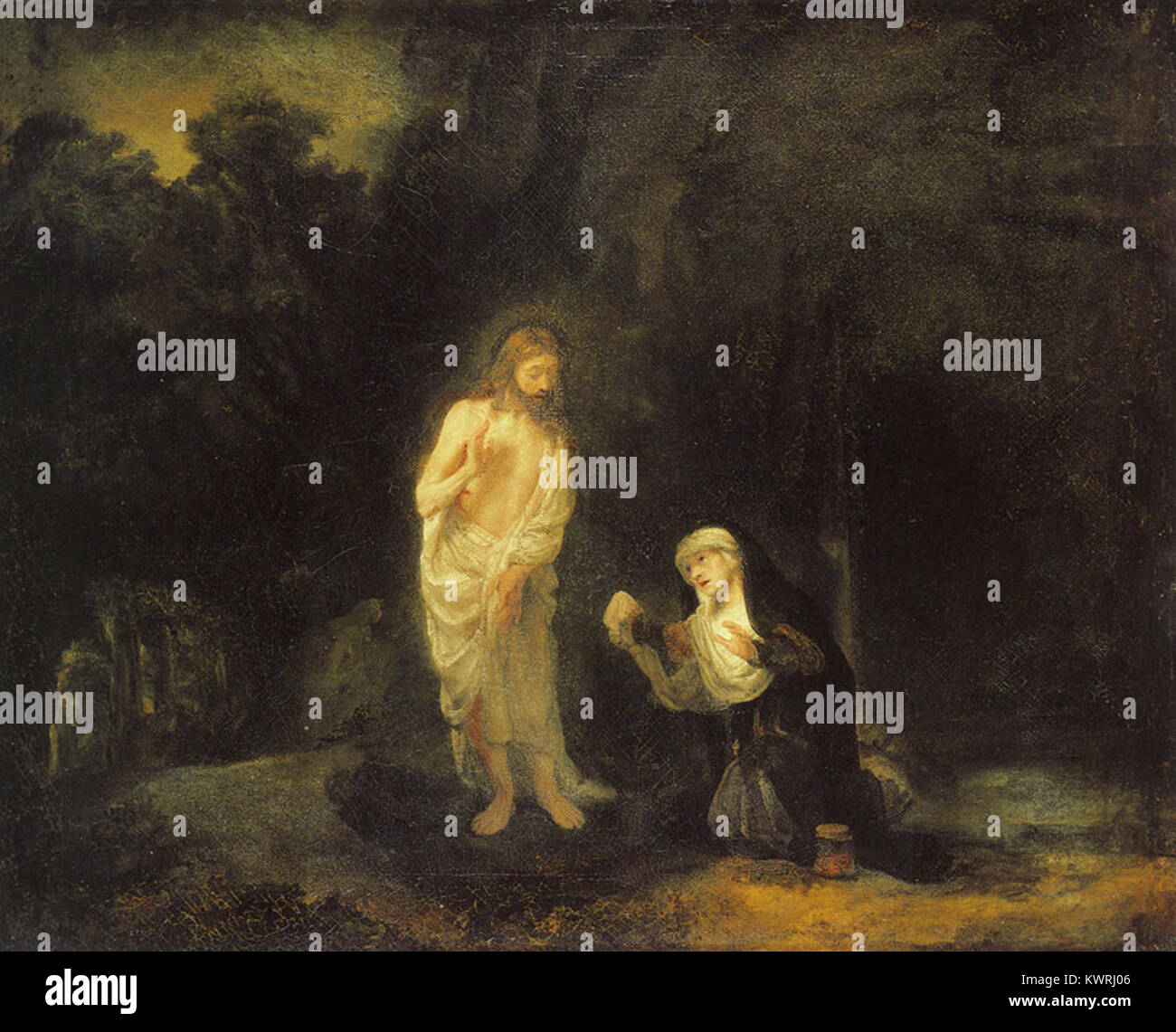Cette œuvre de Rembrandt, intitulée 'Noli me tangere', représente le Christ apparaissant à Marie-Madeleine après sa résurrection. La peinture explore le moment émotionnel de reconnaissance et d’interaction divine. Banque D'Images
