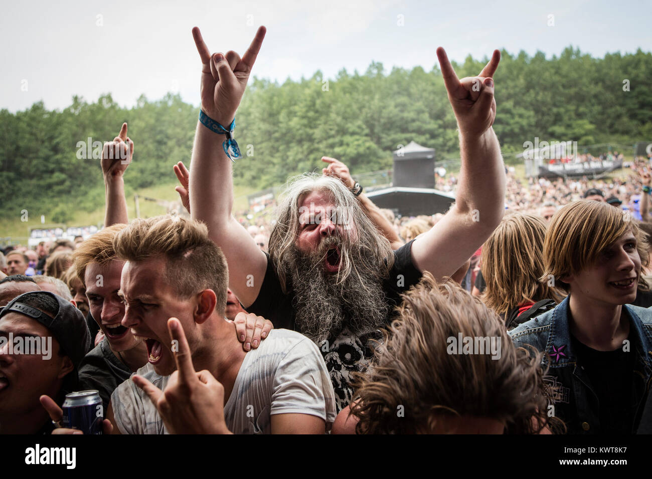 La musique et les amateurs de rock assister à un concert live avec le groupe de metalcore américain August Burns Red au festival heavy metal danois Copenhell 2016. Le Danemark, 23/06 2016. Banque D'Images