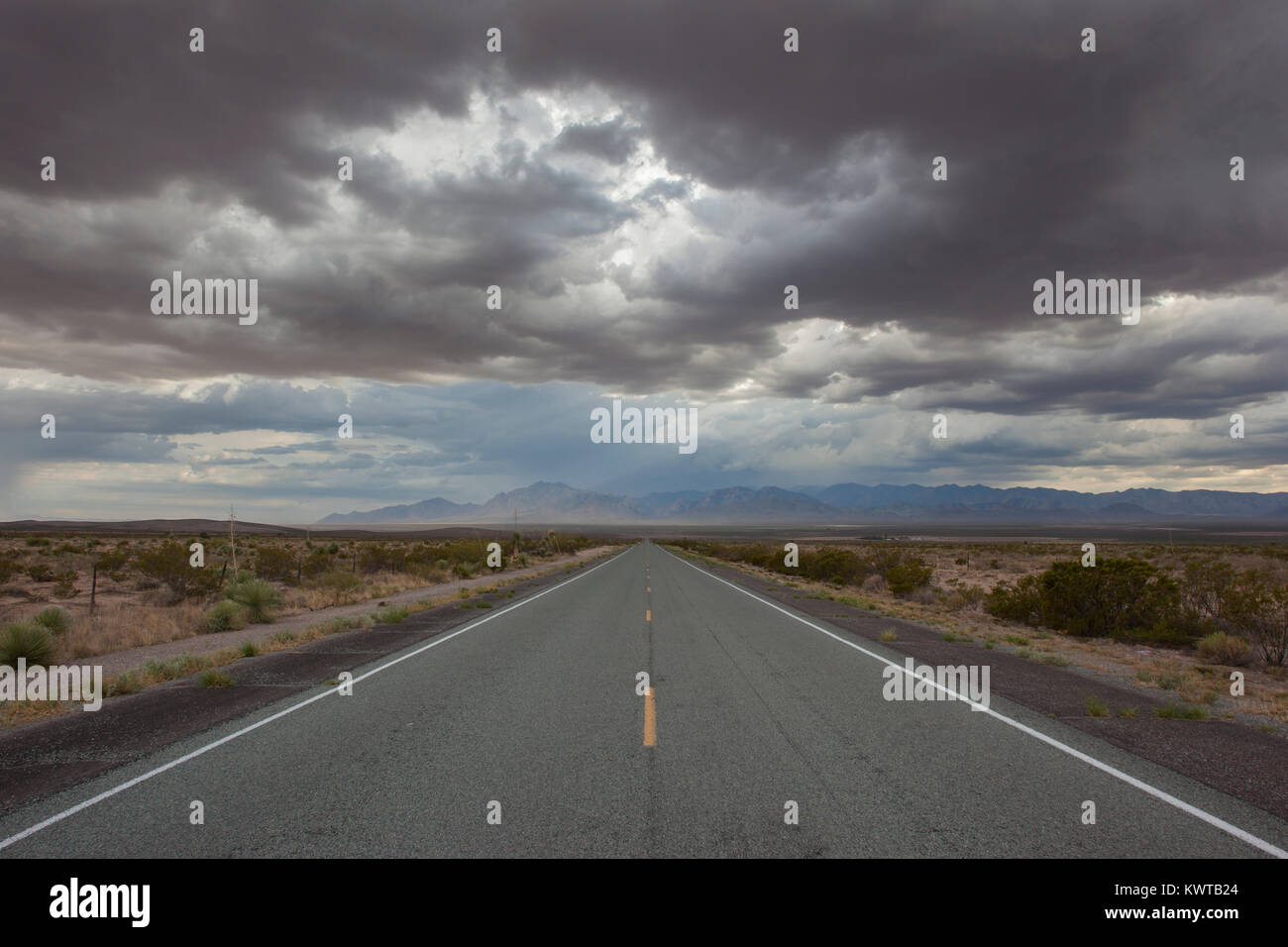 Tronçon de route vide qui s'étend à travers le désert du Nouveau Mexique à l'horizon. Banque D'Images