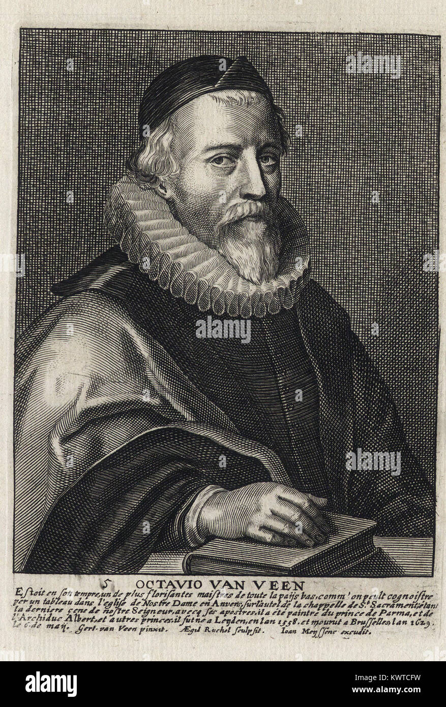 OCTAVIO VAN VEEN - Gravure sur bois, portrait et courte biographie (vieux français) - Gravure 17e siècle Banque D'Images