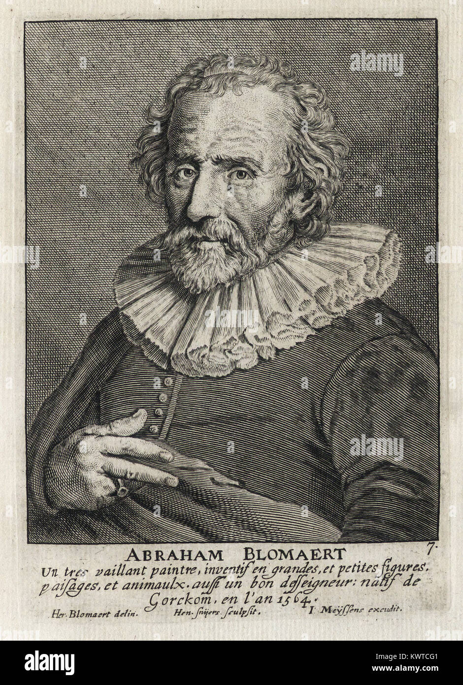 ABRAHAM BLOMAERT - Gravure sur bois, portrait et courte biographie (vieux français) - Gravure 17e siècle Banque D'Images