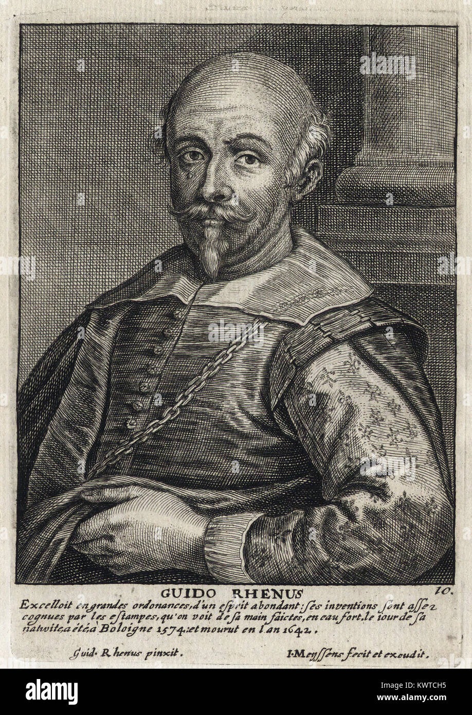 GUIDO RHENUS - Gravure sur bois, portrait et courte biographie (vieux français) - Gravure 17e siècle Banque D'Images