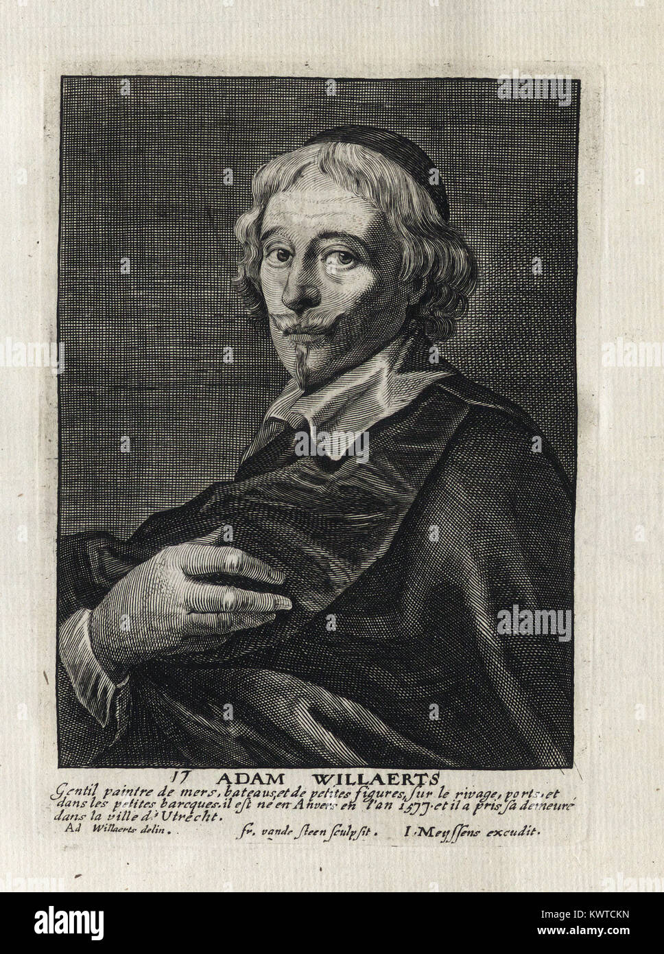 ADAM WILLAERTS - Gravure sur bois, portrait et courte biographie (vieux français) - Gravure 17e siècle Banque D'Images