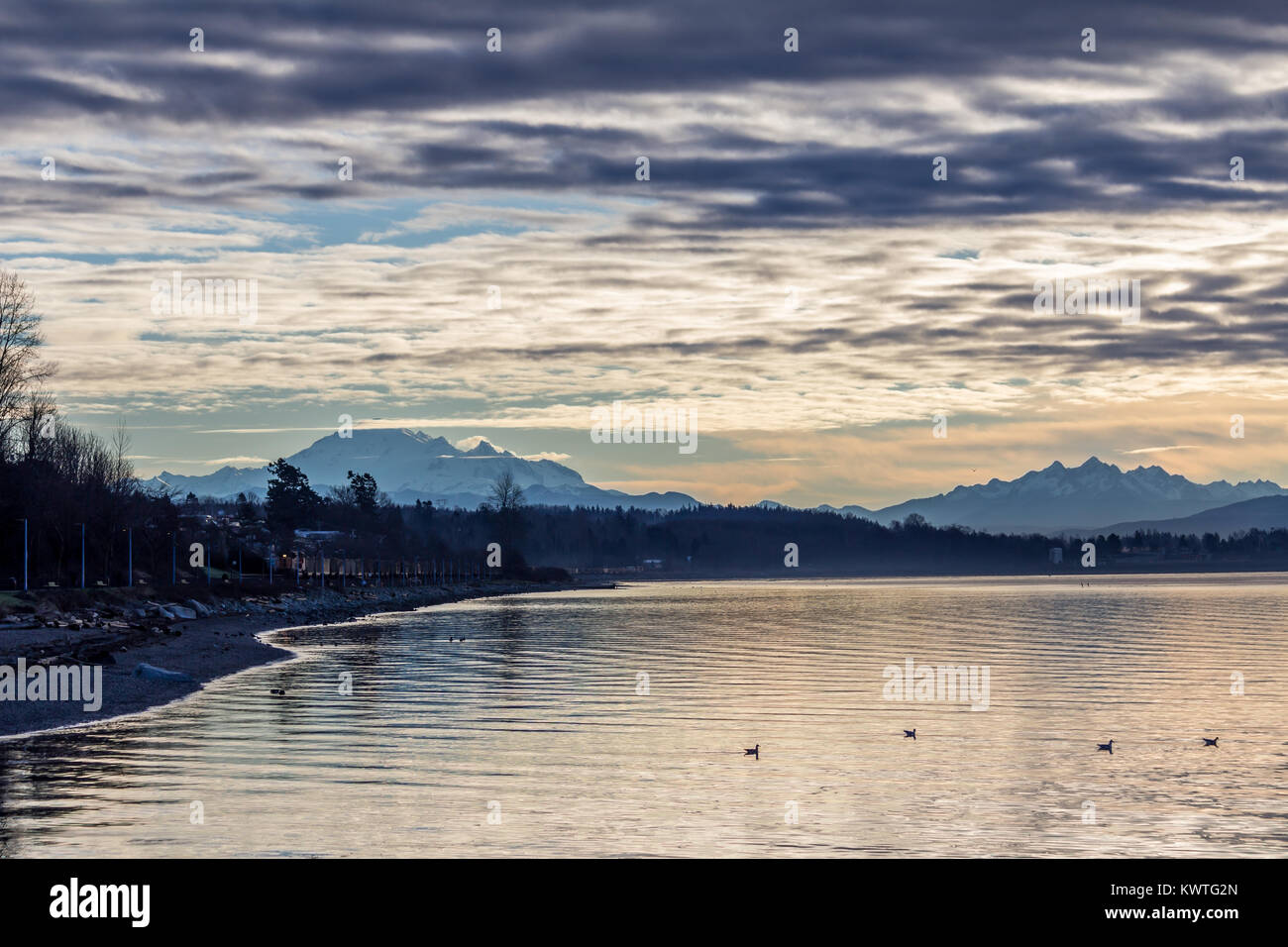 La baie Semiahmoo au lever du soleil. Les nuages bas haut obscure du mont Baker. Oiseaux de flotter sur la multi-hued, eaux ondulées et gronde le train de marchandises le long de la rive Banque D'Images