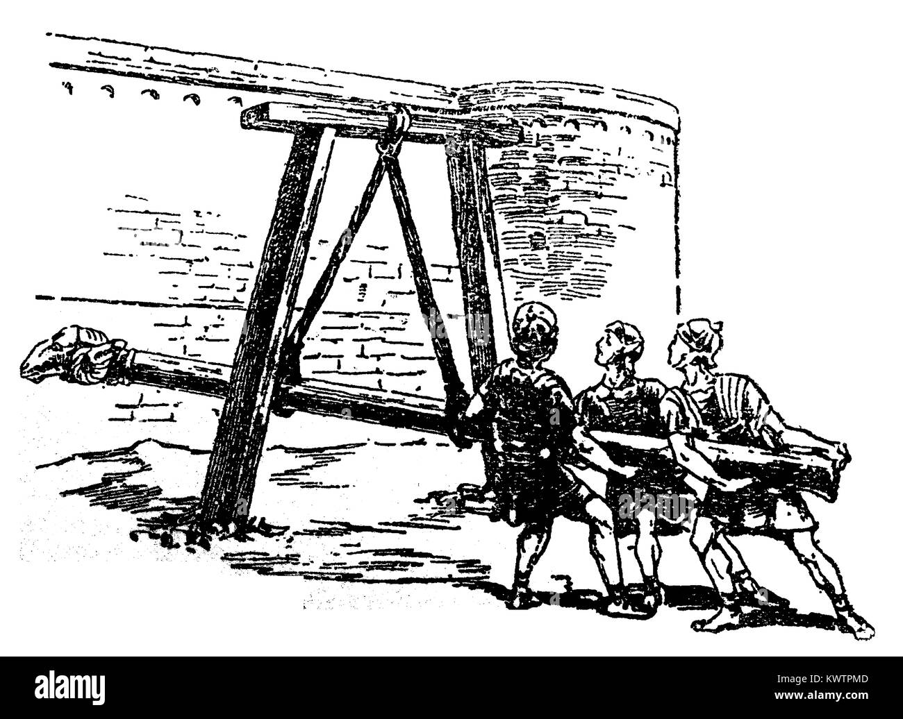 Les soldats romains l'EXPLOITATION D'UN BÉLIER AVEC UNE CONCEPTION DE TÊTE DE BÉLIERS capuchon métallique (1930) ILLUSTRATION Banque D'Images