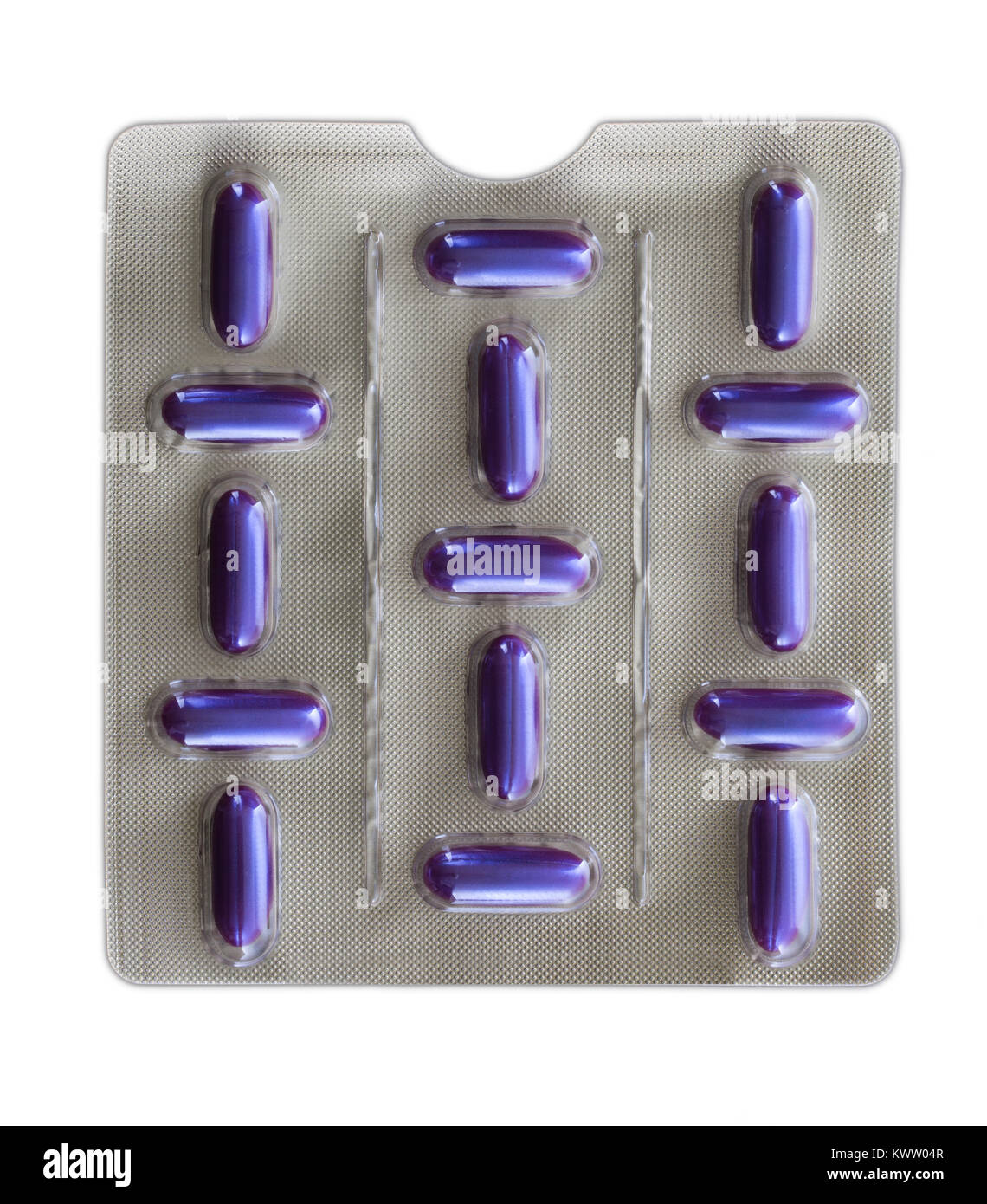Blister avec purple pills on a white background Banque D'Images