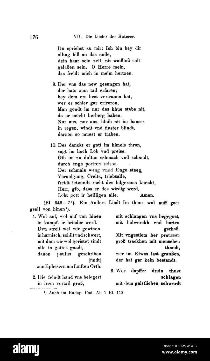 Die Lieder der Wiedertäufer d’Alfred Wolkan analyse la signification religieuse et culturelle des hymnes anabaptistes, offrant un précieux matériel d’étude sur les traditions musicales et liturgiques du mouvement dans l’Europe du XVIe siècle. Banque D'Images