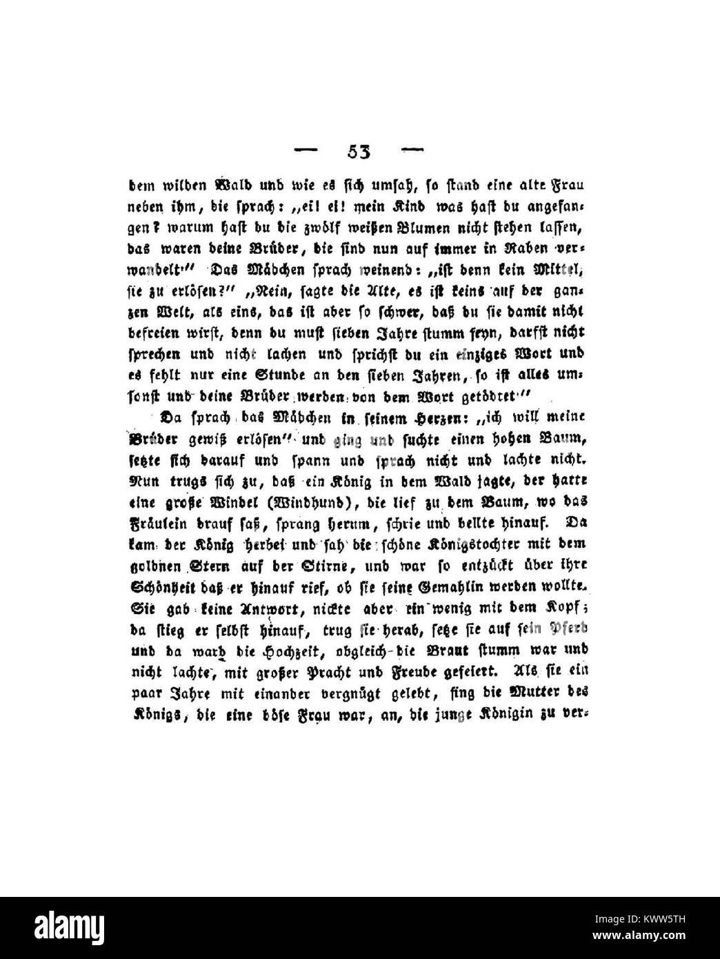 Ceci est une page du premier volume de The Grimm Brothers 'Children's and Household Tales' (1819), mettant en vedette des contes de fées classiques. Il reflète la tradition culturelle et littéraire allemande de narration orale compilée par les Frères Grimm. Banque D'Images