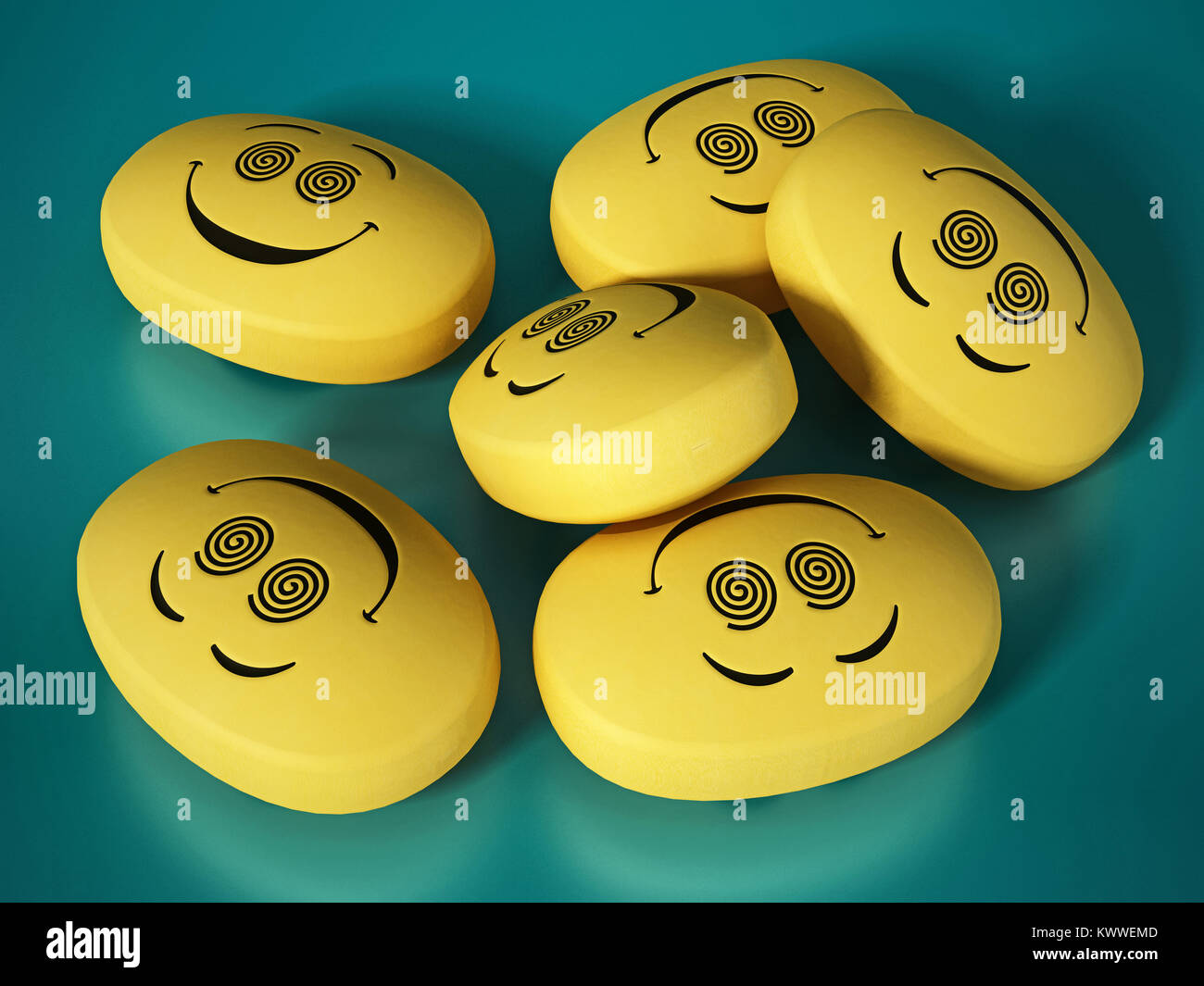Comprimés antidépresseurs avec visage souriant. 3D illustration. Banque D'Images