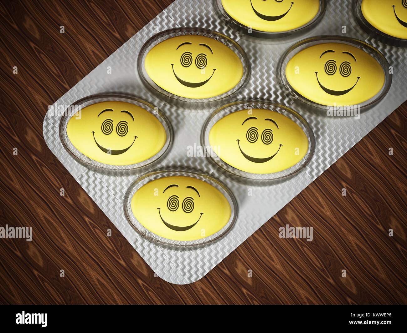 Comprimé d'antidépresseur avec visage souriant en blister. 3D illustration. Banque D'Images