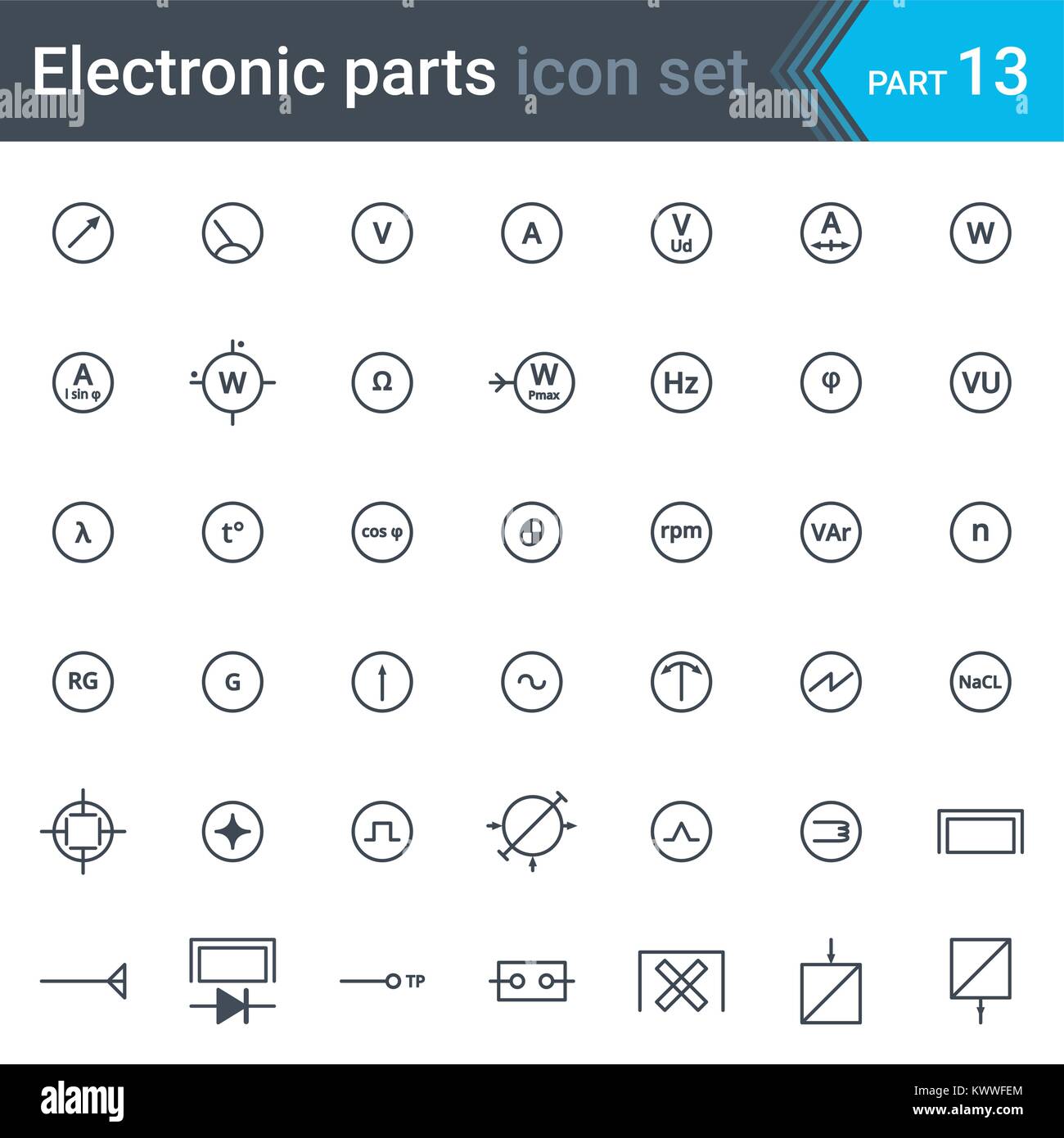 Schéma du circuit électrique et électronique ensemble de symboles, d'instrumentation électrique mètres et enregistreurs Illustration de Vecteur