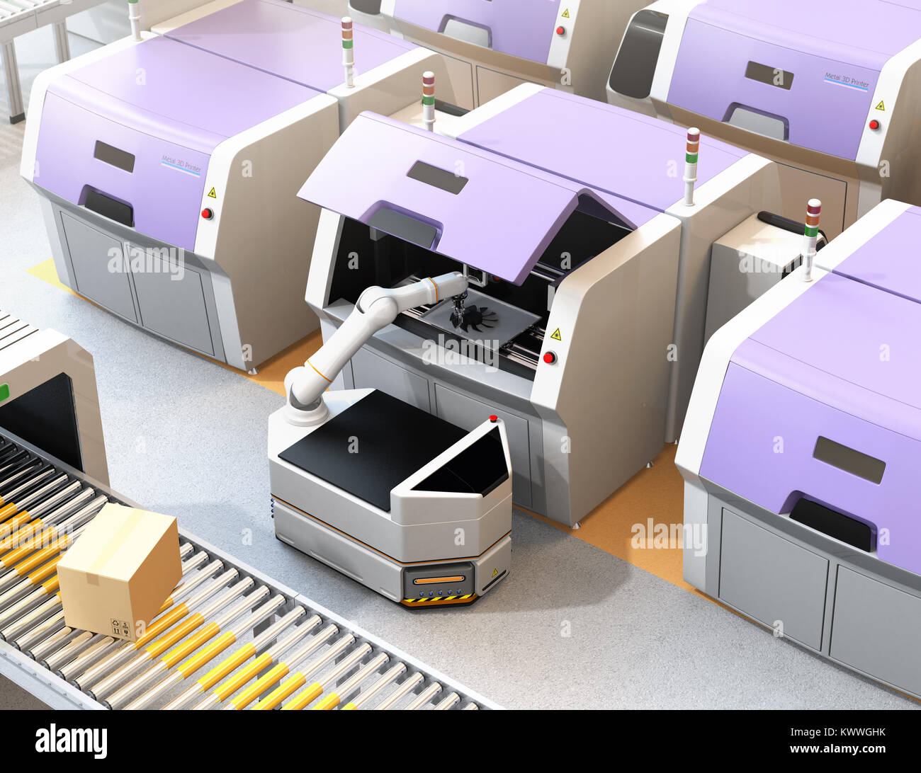 Smart factory équiper d'AGV, les imprimantes 3D et bras robotique. Le rendu 3D image. Banque D'Images