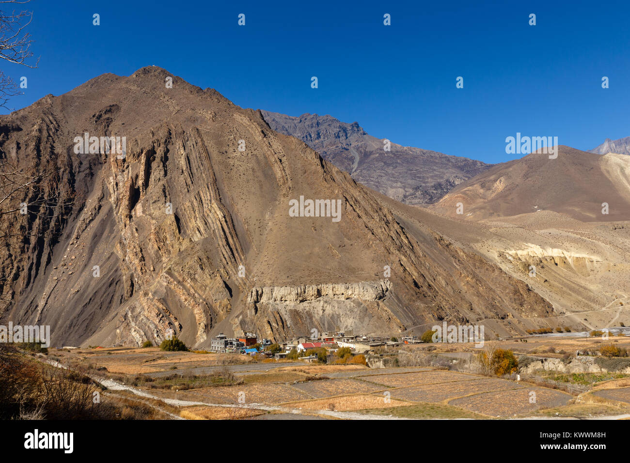 Vue sur Kagbeni village situé dans la vallée de la Kali Gandaki River, au Népal Banque D'Images