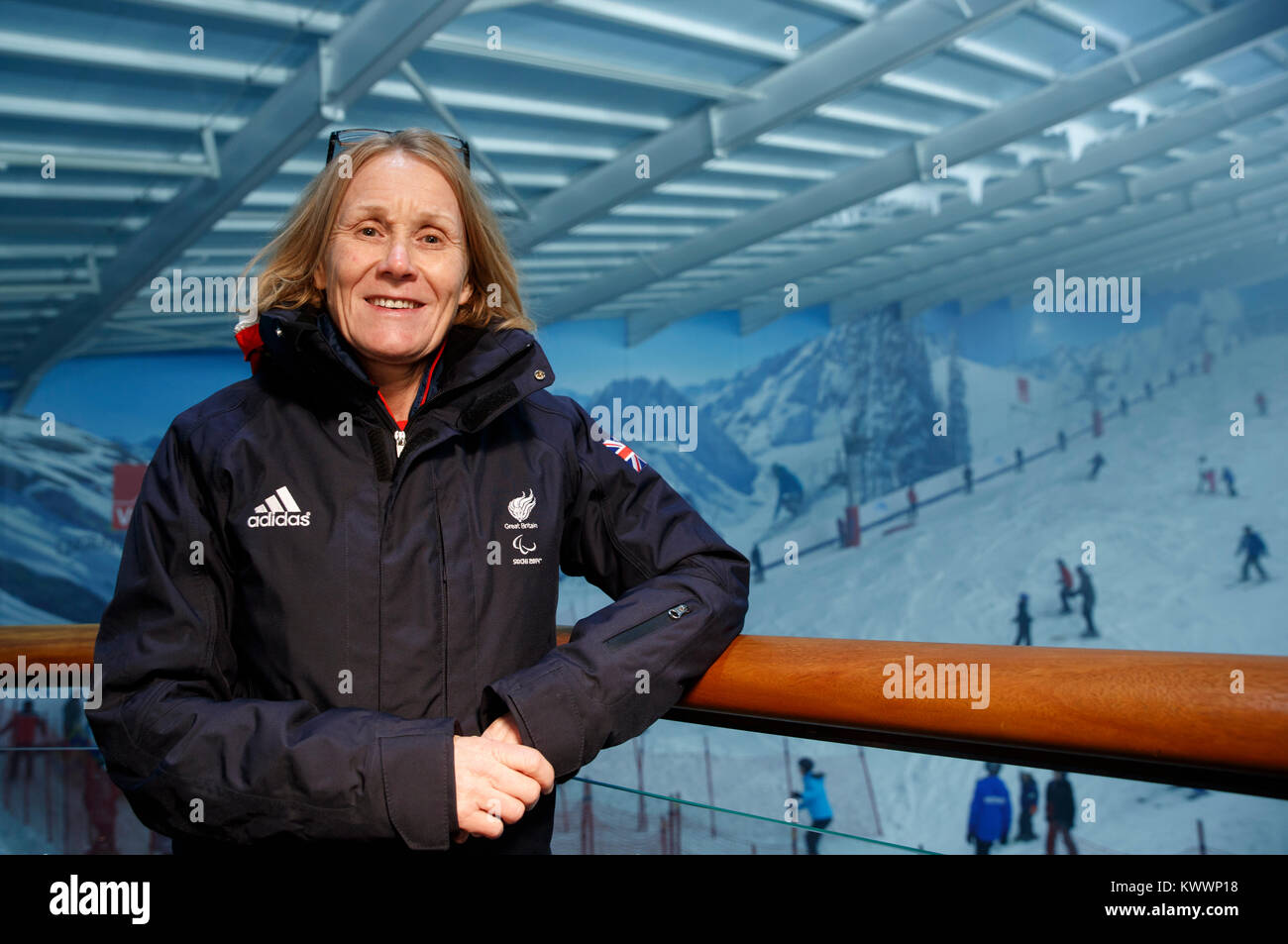 Chef de Mission ParalympicsGB Penny Briscoe OBE pendant l'ParalympicsGB 2018 Jeux Olympiques d'hiver Ski alpin et snowboard team annonce, à l'Snowcenter, Hemel Hempstead. Banque D'Images
