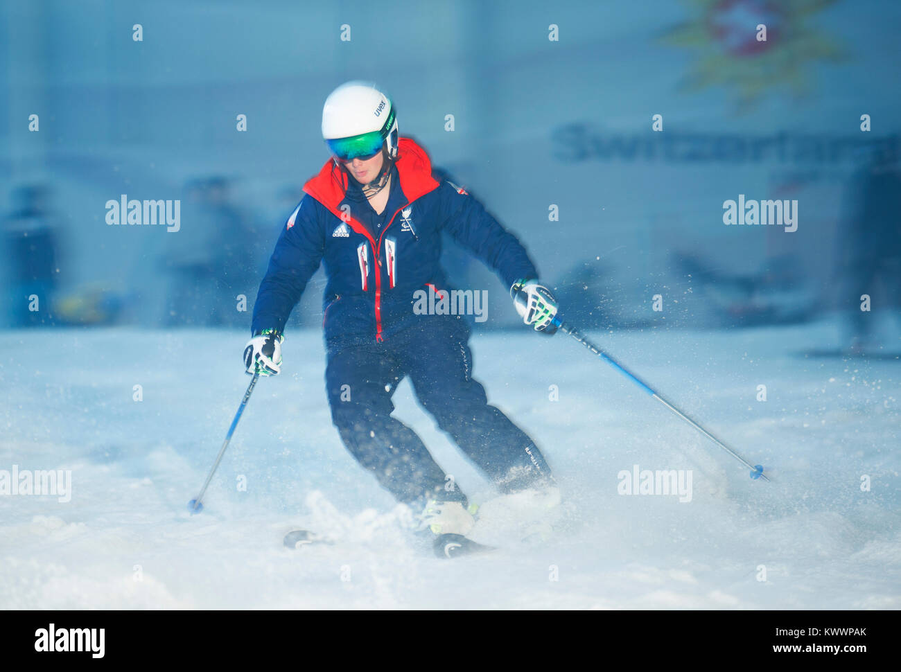 Millie skieur ParalympicsGB ParalympicsGB Chevalier pendant la Jeux Olympiques d'hiver 2018 Ski alpin et snowboard team annonce, à l'Snowcenter, Hemel Hempstead. Banque D'Images