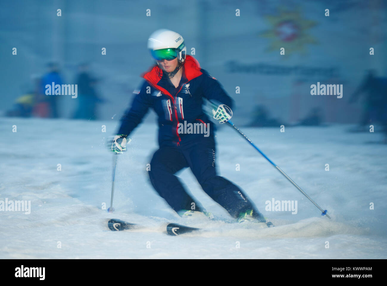 Millie skieur ParalympicsGB ParalympicsGB Chevalier pendant la Jeux Olympiques d'hiver 2018 Ski alpin et snowboard team annonce, à l'Snowcenter, Hemel Hempstead. Banque D'Images