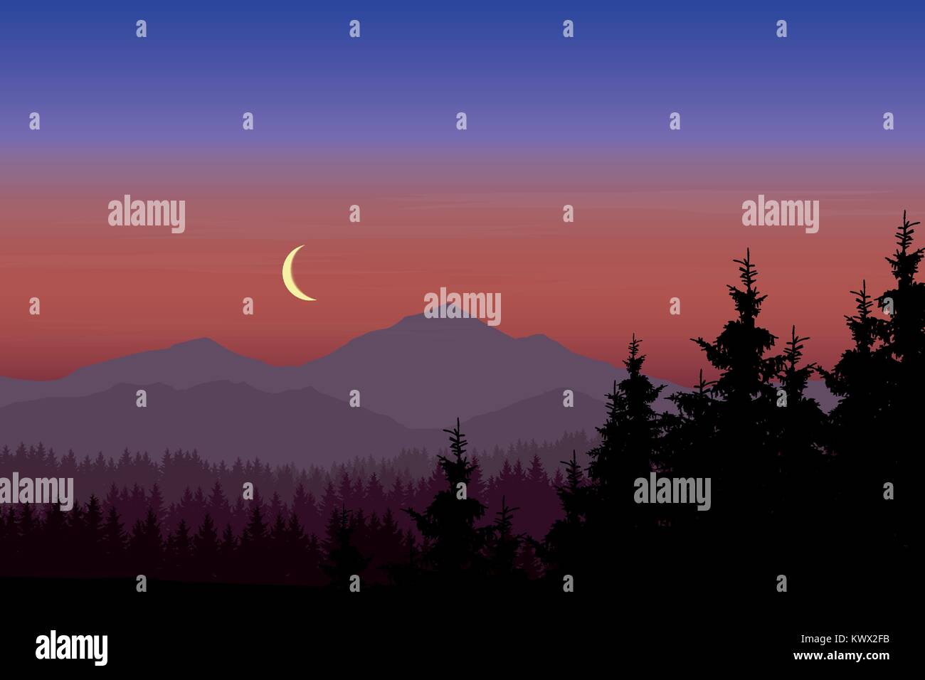 Vector illustration de paysage de montagne avec des forêts sous-bleu ciel rose avec Crescent Illustration de Vecteur