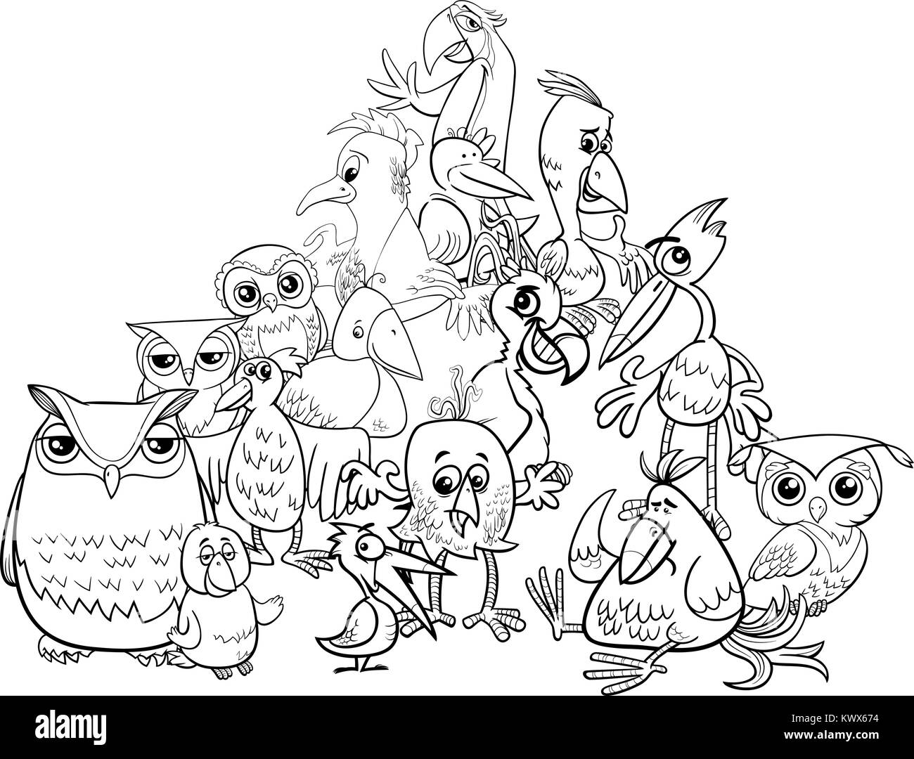 Illustration Cartoon noir et blanc de personnages animaux oiseaux à colorier de groupe Illustration de Vecteur