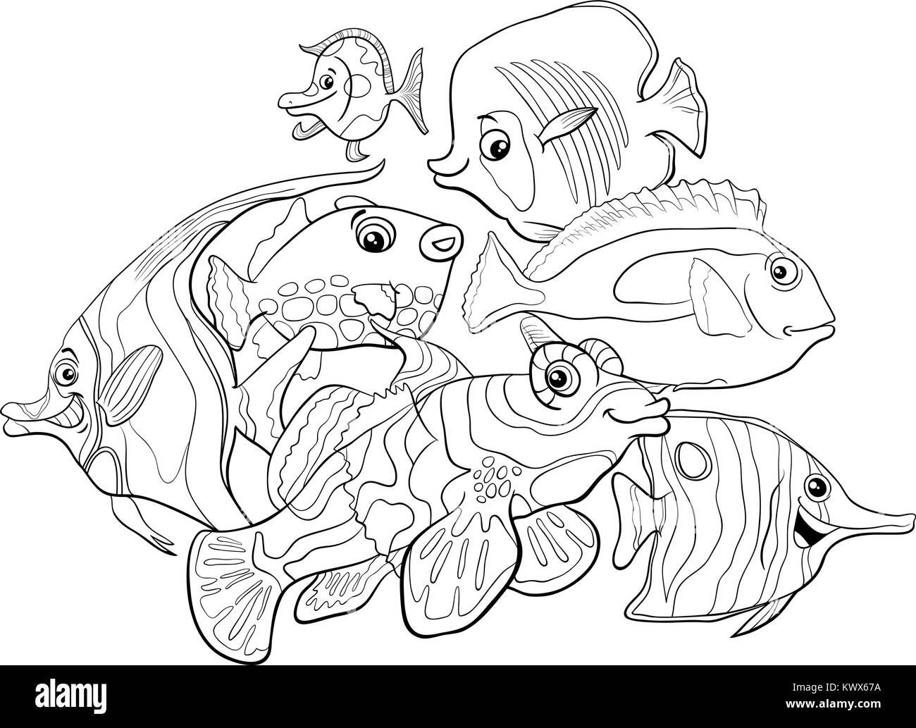 Cartoon noir et blanc Illustration de poisson tropical Sea Life Groupe Caractères Animal Coloring Book Illustration de Vecteur