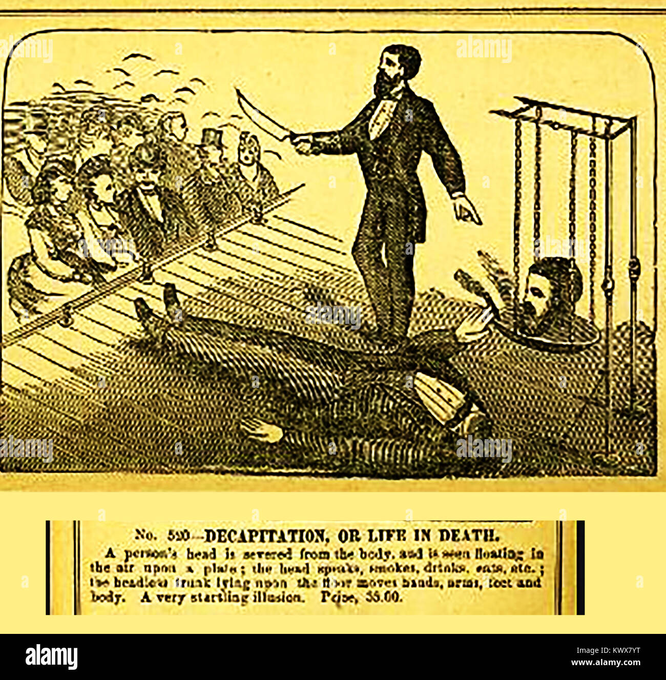 La décapitation de l'illusion magique truc de magicien Otto Maurer's catalogue & liste de prix de l'appareil magique d'illusions 1884 . Maurer était un Américain d'origine allemande Banque D'Images