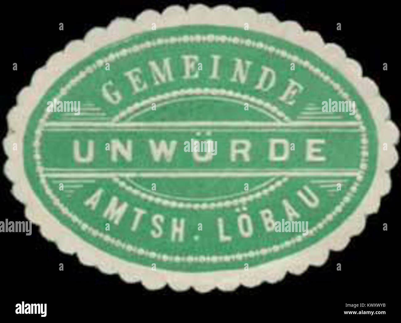 Le sceau de la municipalité de Unwürde (dans le district administratif de Löbau, en Saxe) est une impression de papier gaufré vert et blanc utilisée pour les documents officiels municipaux, datée de la période comprise entre environ 1850 et 1923. Banque D'Images
