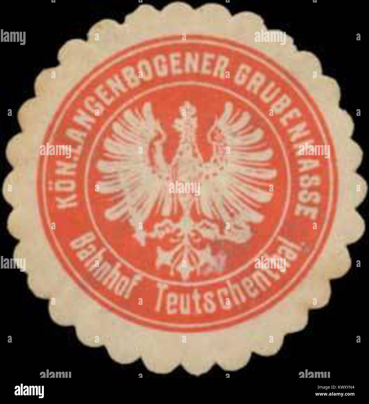 Sceau du Royal Langenbogen Mining Fund Office à la gare de Teutschenthal, Allemagne, utilisé pour l'administration minière et les documents financiers au XIXe siècle. Banque D'Images