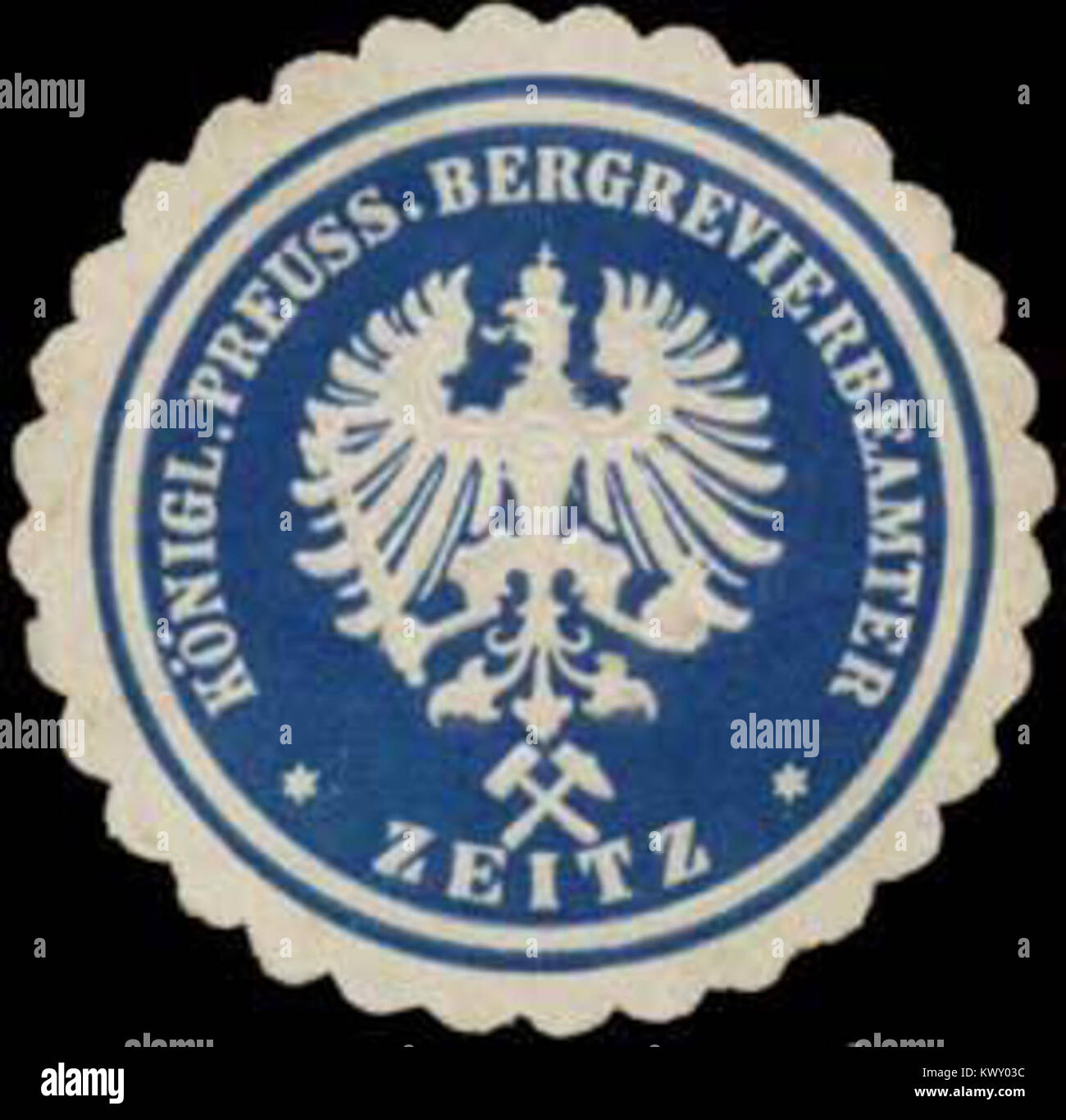 Sceau historique représentant le bureau de l'inspecteur royal prussien des mines à Zeitz, en Allemagne, utilisé pour les documents officiels liés aux opérations minières et à la surveillance administrative dans la région prussienne. Banque D'Images