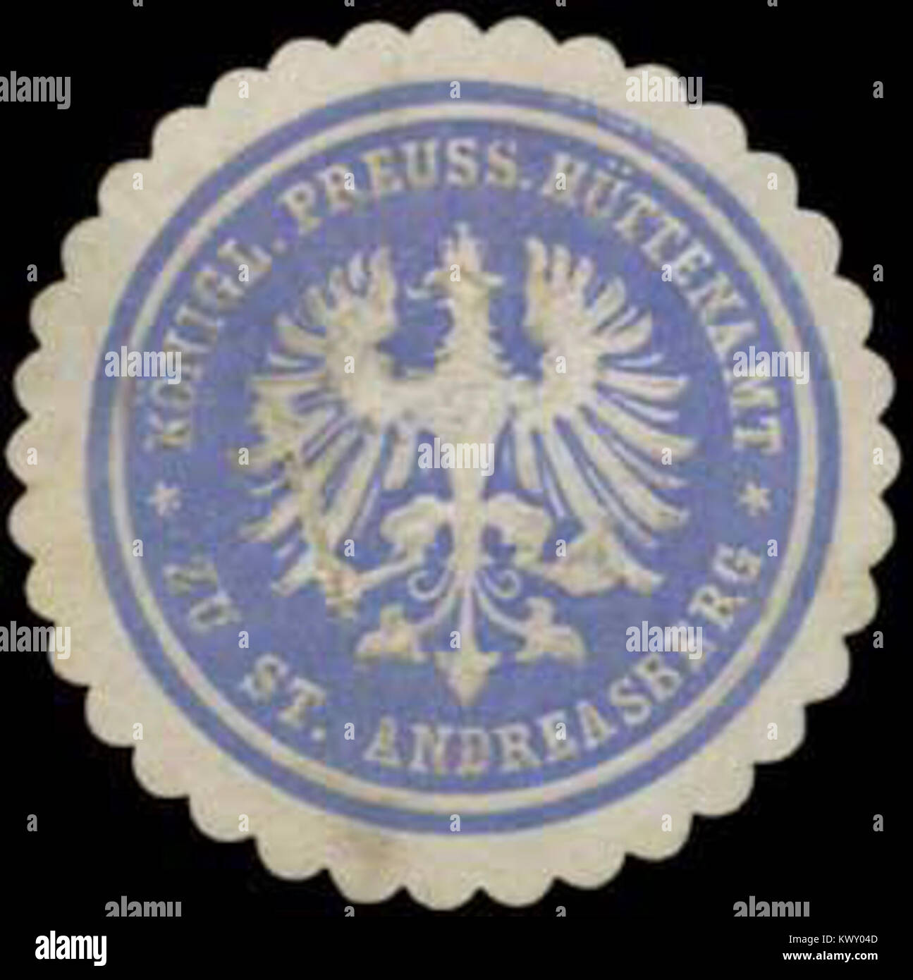 Sceau du Royal Prussian Mining Office à nommé Andreasberg, Allemagne, représentant l'autorité, les fonctions administratives et l'industrie minière historique dans la région du Harz. Banque D'Images