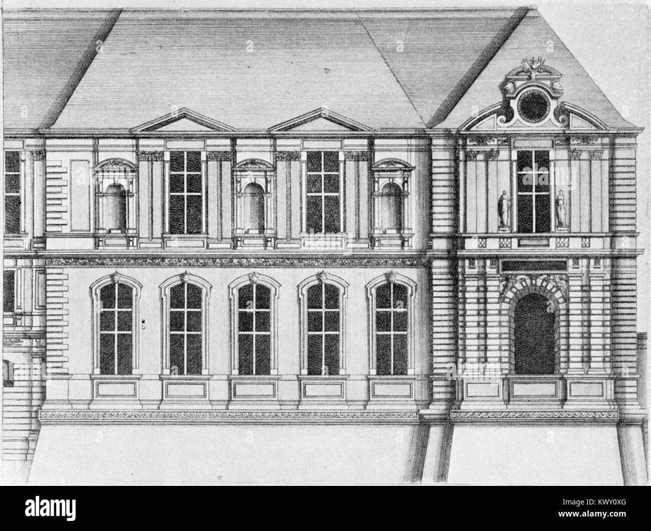 Illustration architecturale de Daniel Marot montrant la façade sur le quai au bout de la Galerie d’Apollon, exemple de design classique français du XVIIe siècle publié en 1944 par Mauban. Banque D'Images