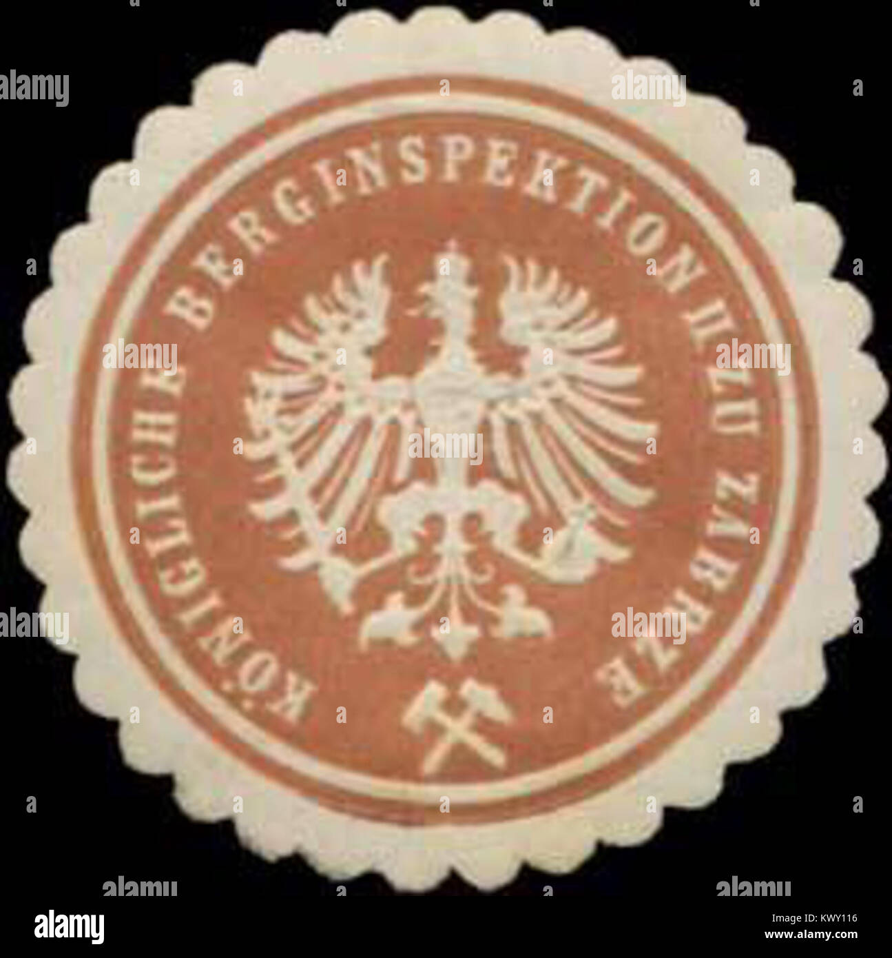 Un sceau historique de l'inspection minière royale de Zabrze, utilisé pour la documentation officielle liée à la réglementation et à la surveillance minières. Banque D'Images