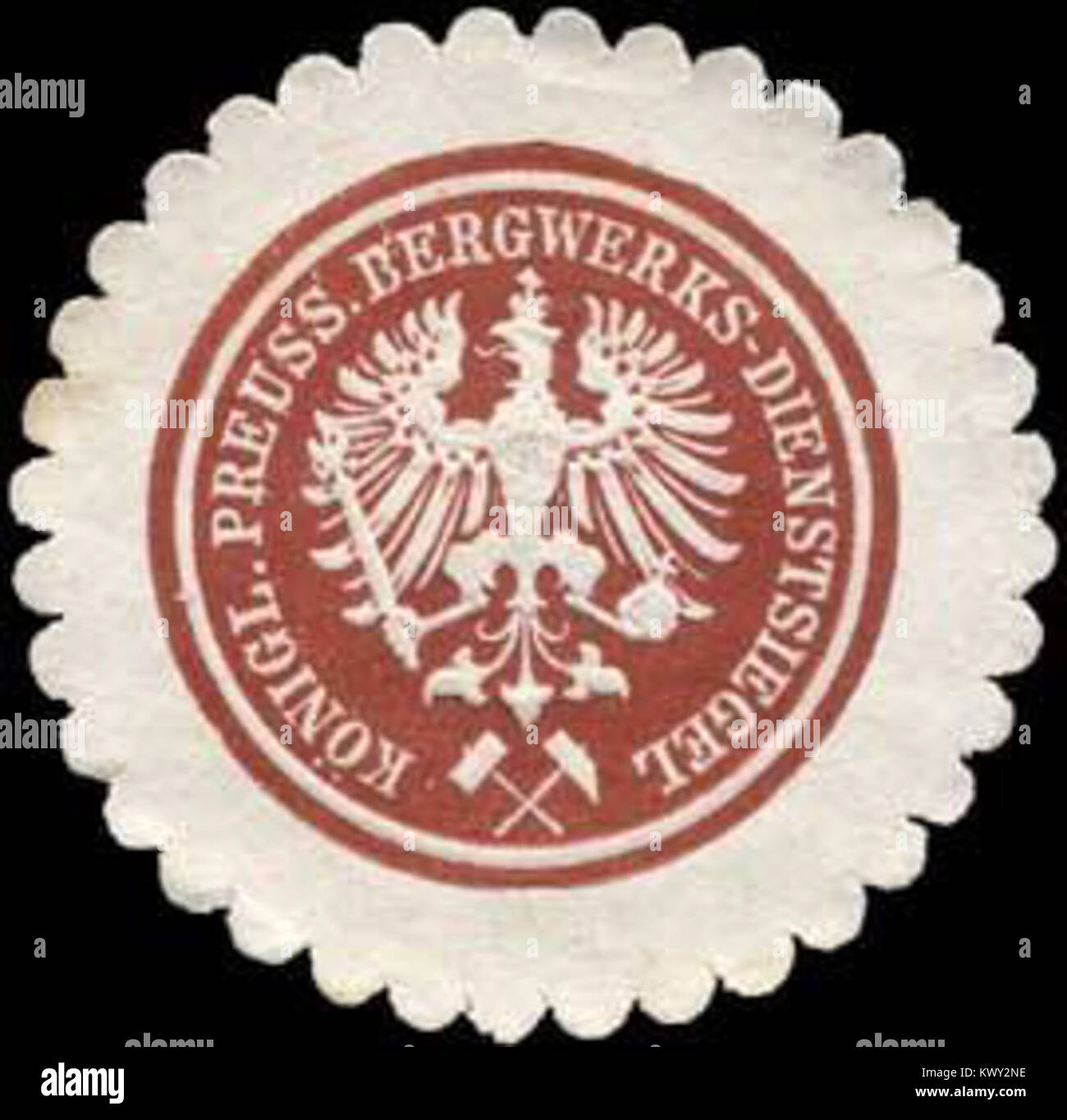 Il s'agit d'un sceau de service officiel de la Royal Prussian Mining Authority, utilisé pour certifier les documents gouvernementaux liés à l'exploitation minière au cours du XIXe siècle. Banque D'Images