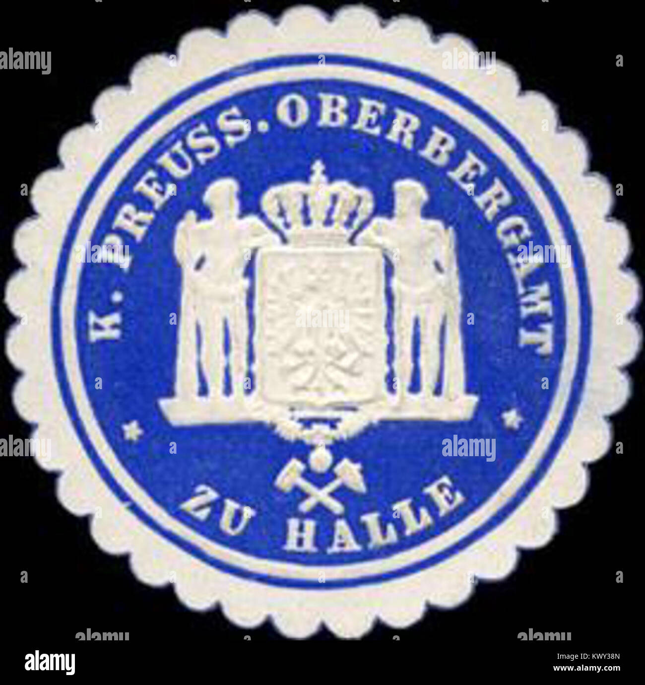 Sceau de la Royal Prussian Mining Authority à Halle, Allemagne, représentant l'administration officielle des opérations minières, de la réglementation et de la surveillance pendant la période prussienne. Banque D'Images