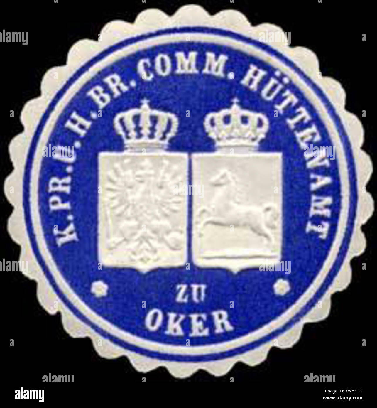 Sceau de la Hüttenamt royale prussienne à Oker, représentant un bureau administratif responsable de la gestion minière et de la métallurgie dans la région. Banque D'Images