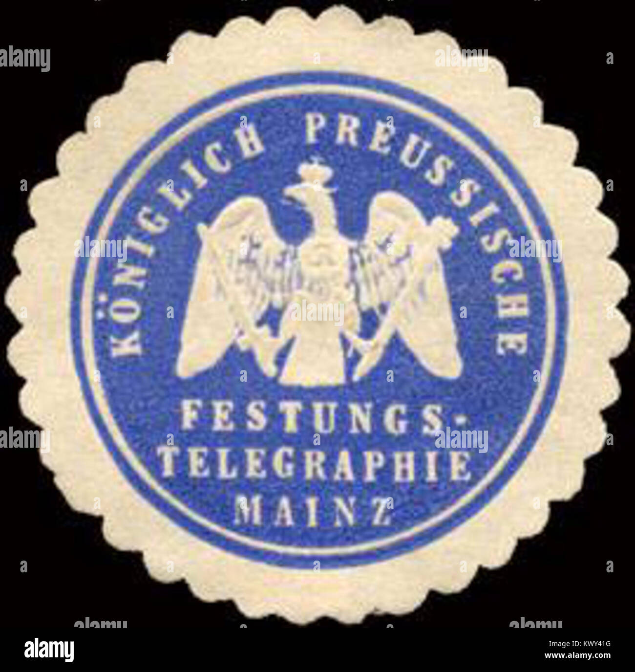 Cette image montre le sceau royal de la télégraphie de la forteresse prussienne, utilisé à Mayence, soulignant l'importance historique de la télégraphie dans les communications militaires à l'époque prussienne. Banque D'Images